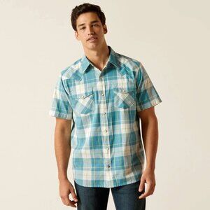Ariat Men's Short Sleeve Plaid Button-Down Shirt in Turquoise and White